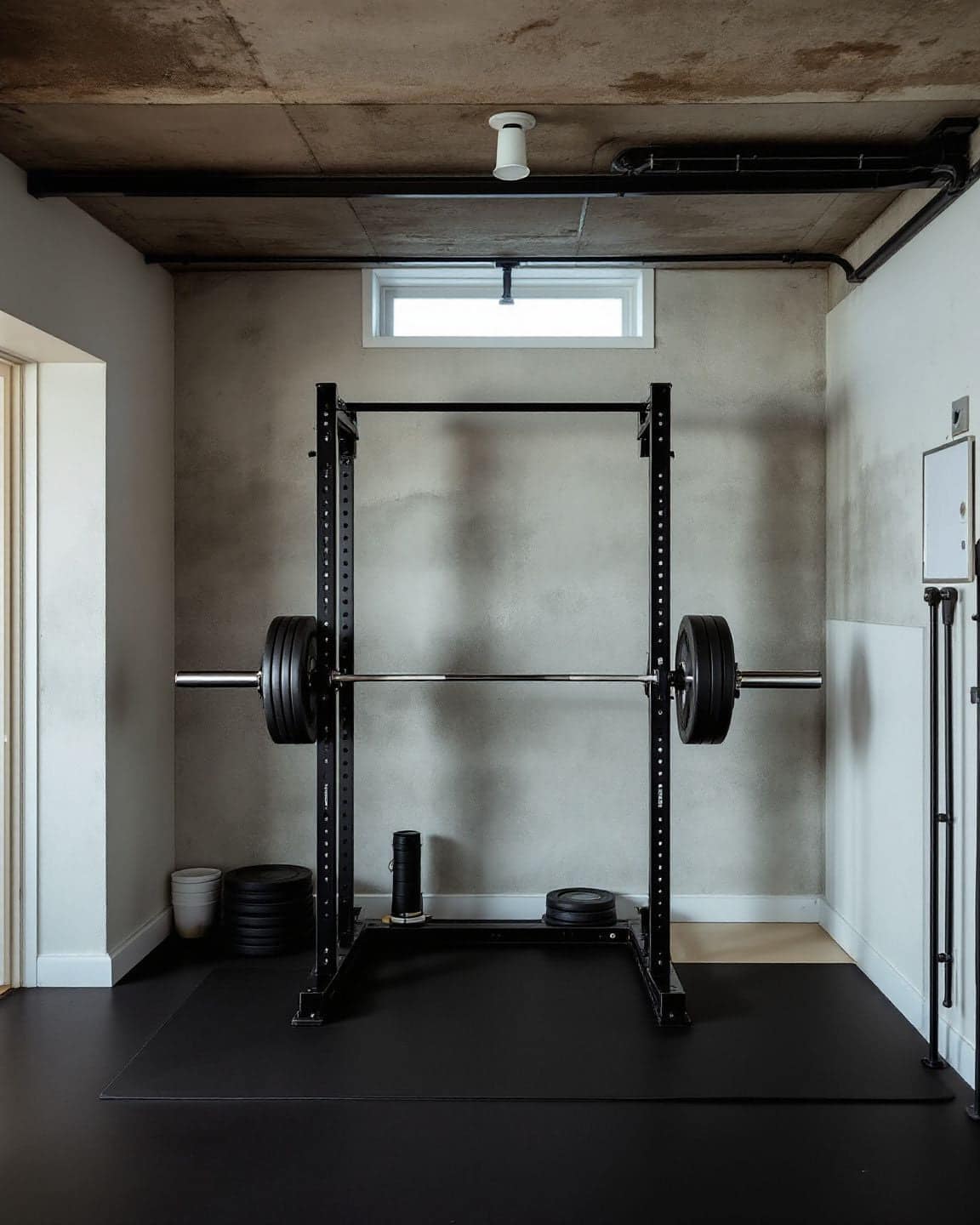 A compact squat rack with a loaded barbell in a low-ceiling basement gym.