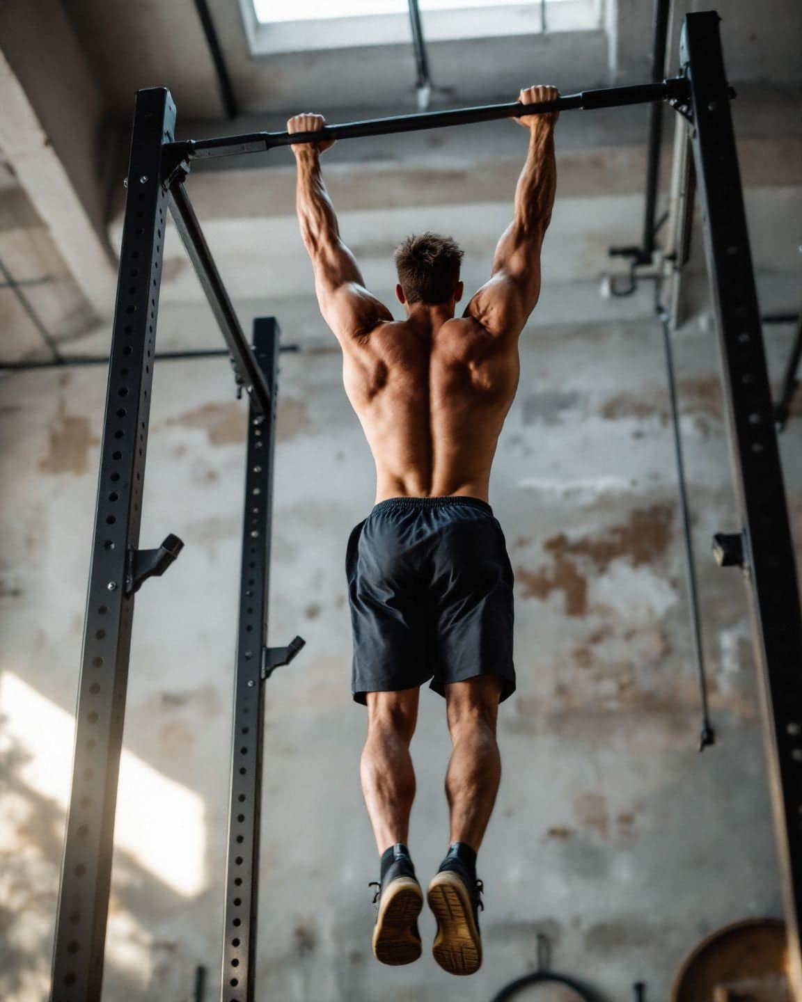 A man does pull-ups on a tall power rack.