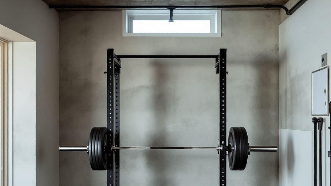 A squat rack under a low basement ceiling.