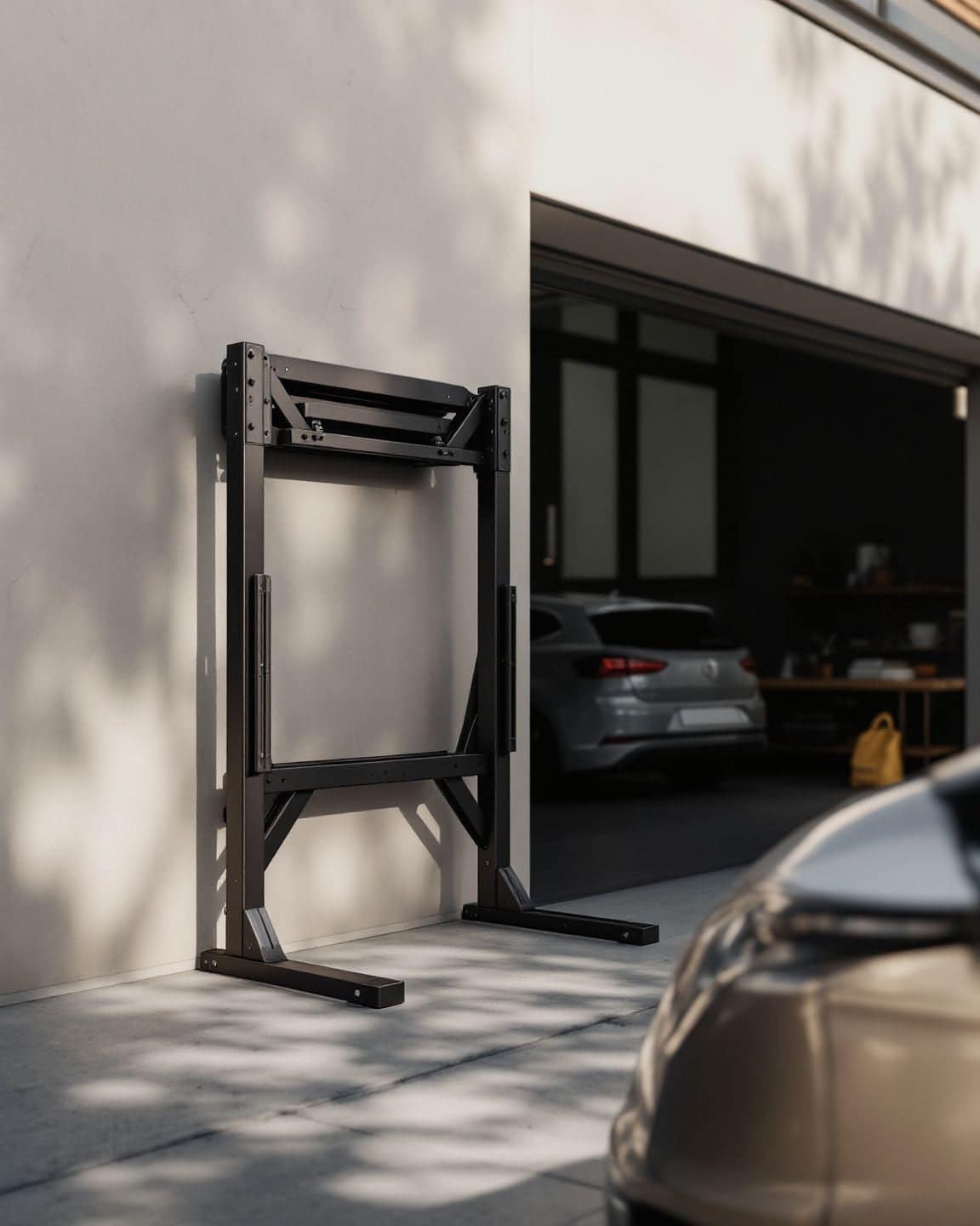 A wall-mounted rack against a garage wall beside a parked car.
